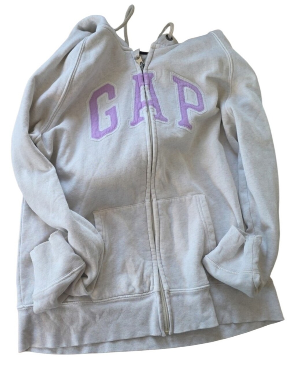 GAP Light Gray Zip-Up Hoodie with Lavender Lettering